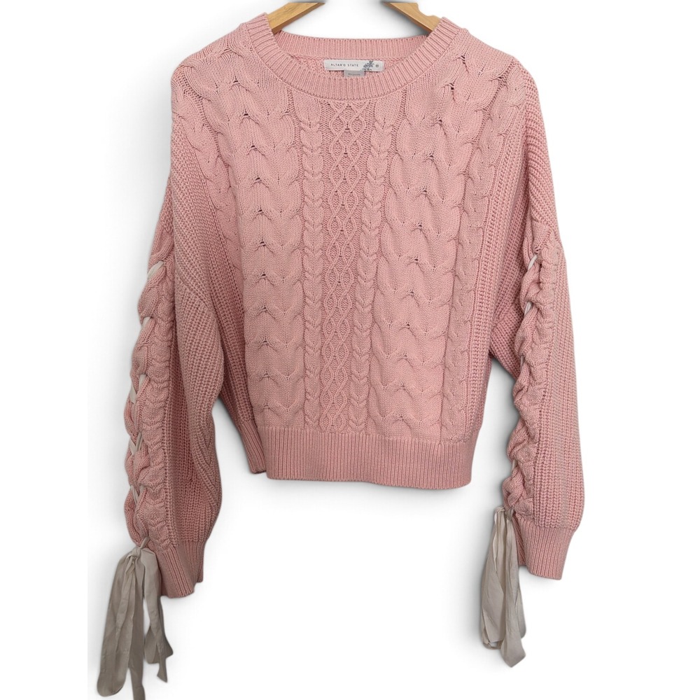 Altar'd State Pink Cable Knit Sweater Oversized Cropped Lace Up Ribbon Sleeve M